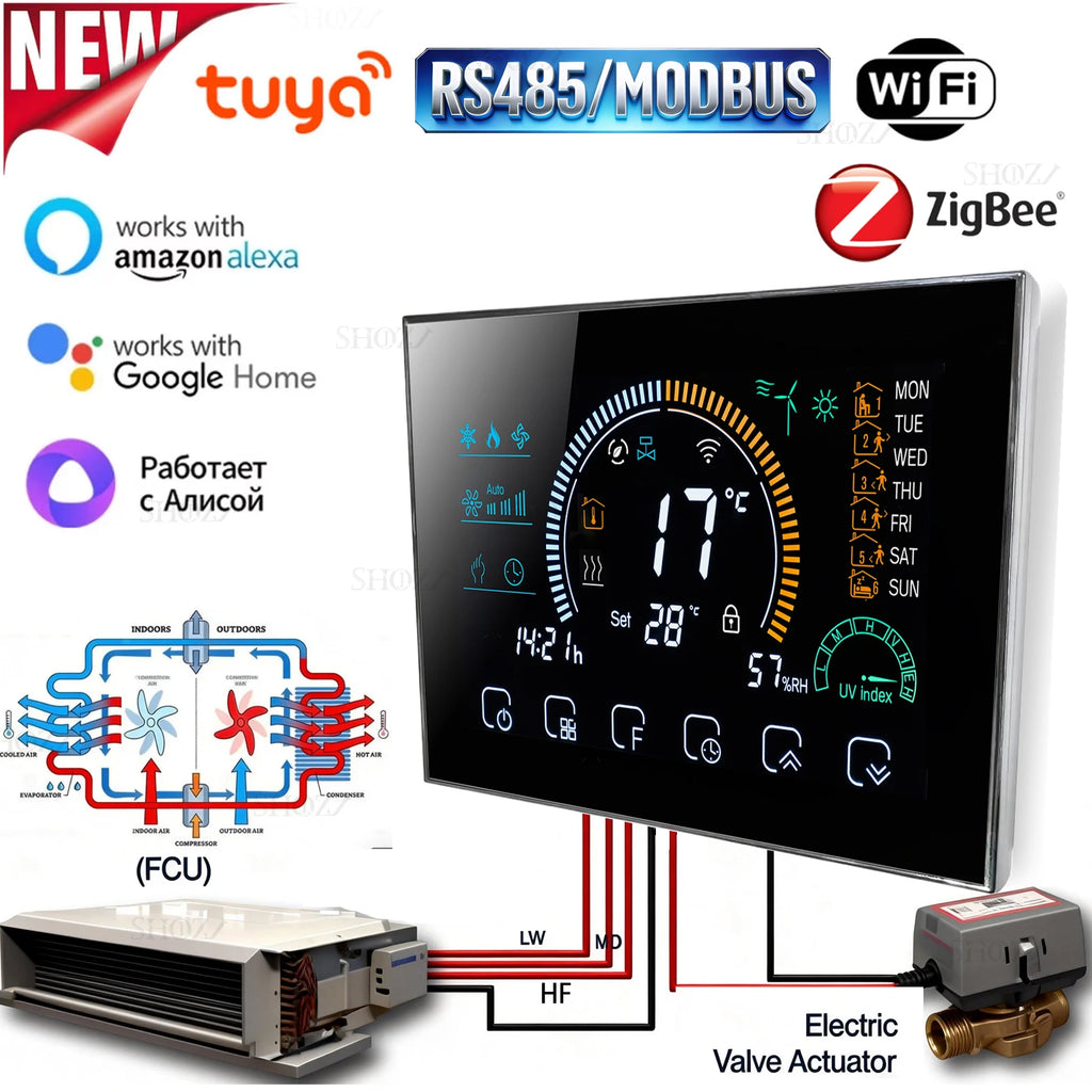 Wifi/RS485/Zigbee Thermostat Air Conditioning 3 Fan Coil Unit Home Cooling/Heating 2/4 Pipe Temperature Controller with Alexa