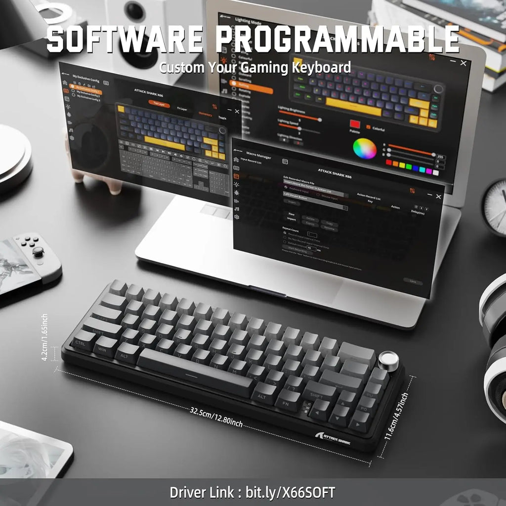 ATTACK SHARK X66 65% Wireless Mechanical Keyboard with Knob, 66 Keys Gasket Hot Swap RGB Gaming Keyboard, Linear Switch,