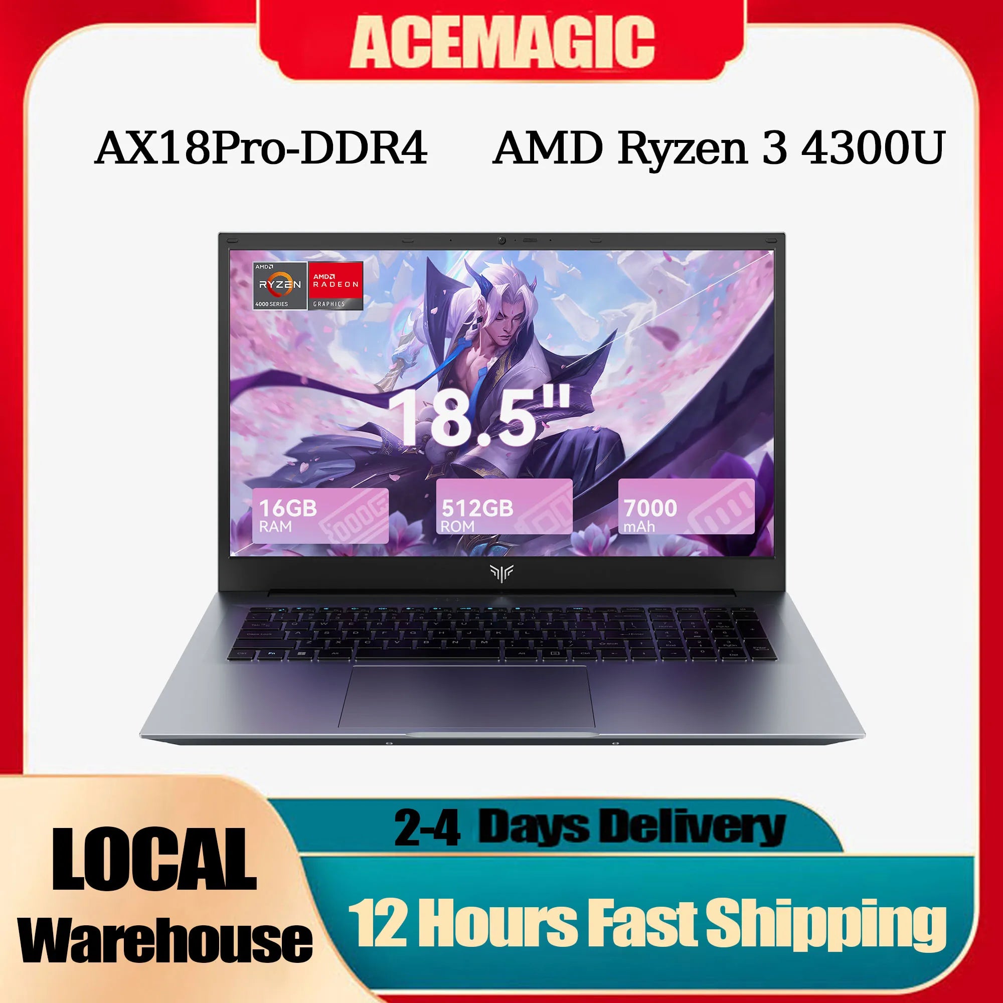 18.5" Laptop 16GB RAM 512GB SATA SSD AMD Ryzen 3 4300U Laptop Computer 1080 FHD Display for Business&Students 7000Mah Battery