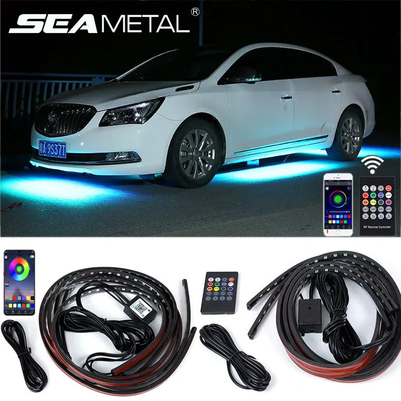 Car underglow LED strip light kit with multicolor settings, app-controlled and remote, featuring flexible adhesive