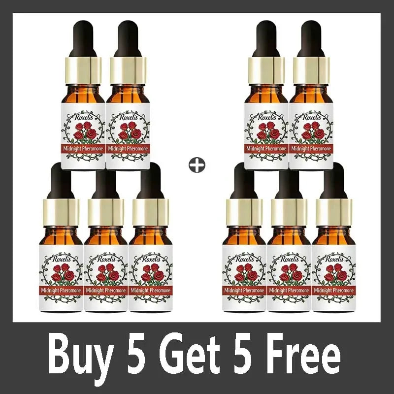 Roxelis Midnight Pheromone perfume set, long-lasting unisex fragrance in amber dropper bottles with rose floral labels.