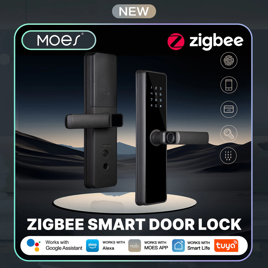 MOES Tuya ZigBee Smart Door Lock Indoor Password Fingerprint Remote Unlock Keycard Tamper Alarm Battery Powered Work With Alexa