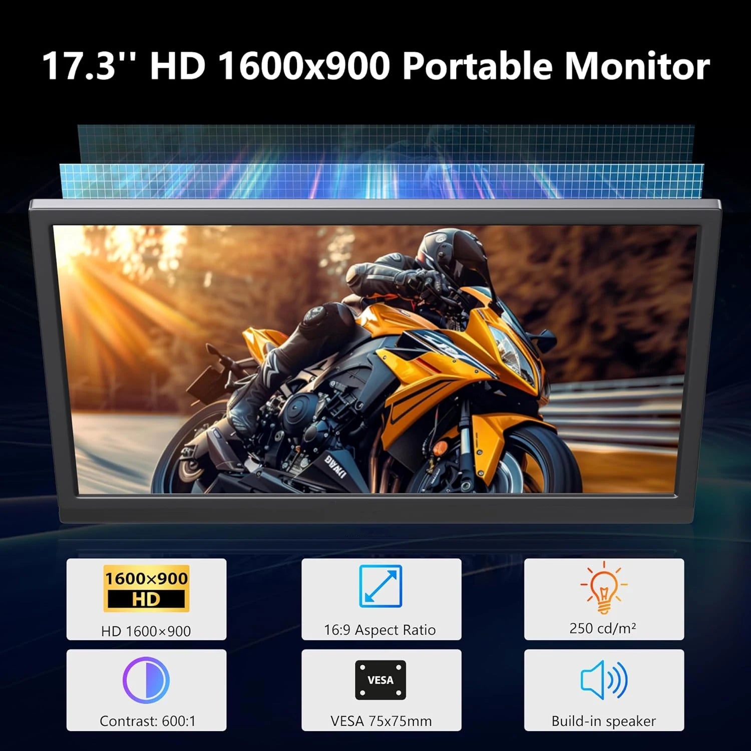 17.3 Inch Portable Monitor 250 Nits 72% SRGB IPS HDR Travel Computer Display USB Type-C MiniHDMI Dual Speakers VESA for Mac Phon