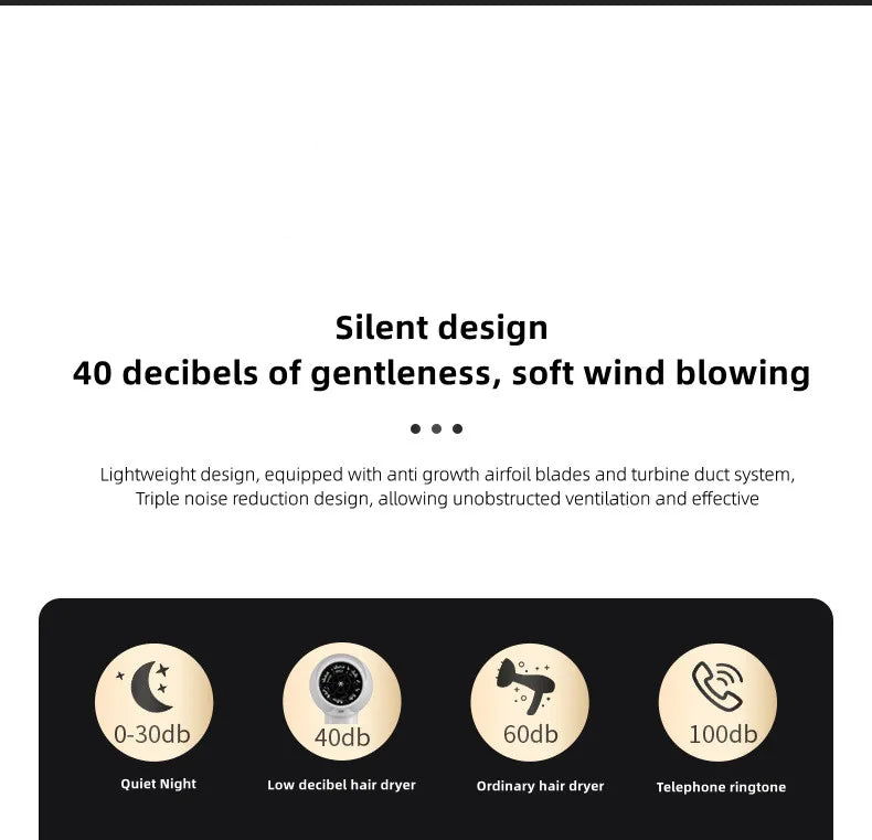 Quiet wall-mounted 1300W hair dryer with turbine noise reduction for home and hotel use, featuring a silent 40dB design.