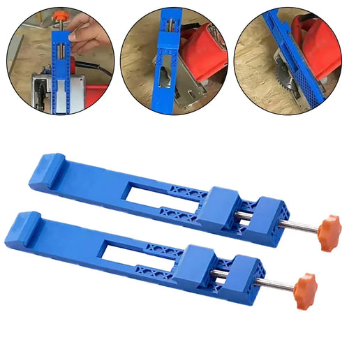 Two blue guide rails with orange knobs, edge guide clamps for circular saw cutting