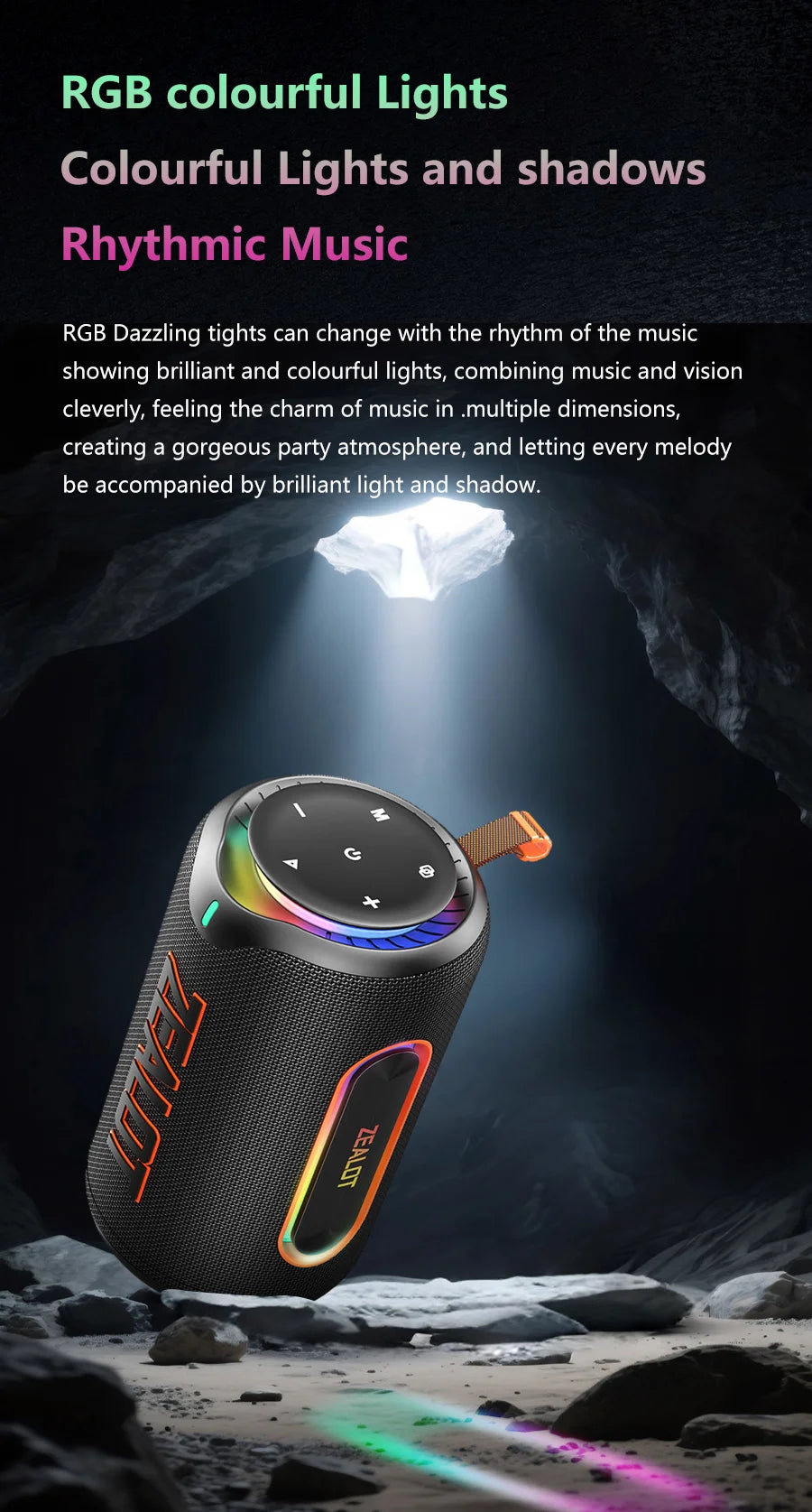ZEALOT-MP1 60W Wireless Speakers,RGB Light,30 Hours Playtime,, Waterproof IPX 6,Wireless Speaker, Dual Pairing, 8000mAh Battery.