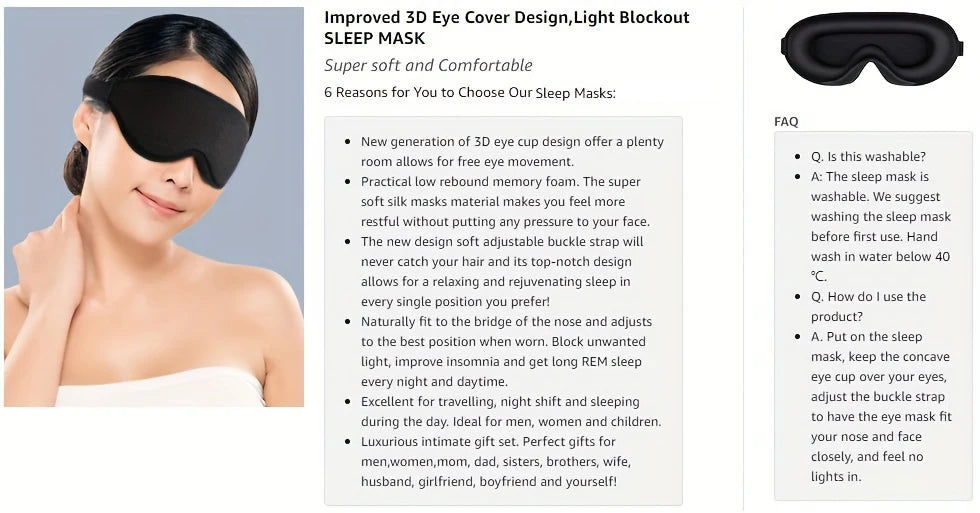 3D Sleep Mask for Men Women Soft Breathe Sleep Mask For Eyes,100% Blockout Light Eye Mask Travel Nap Rest Relax Sleeping