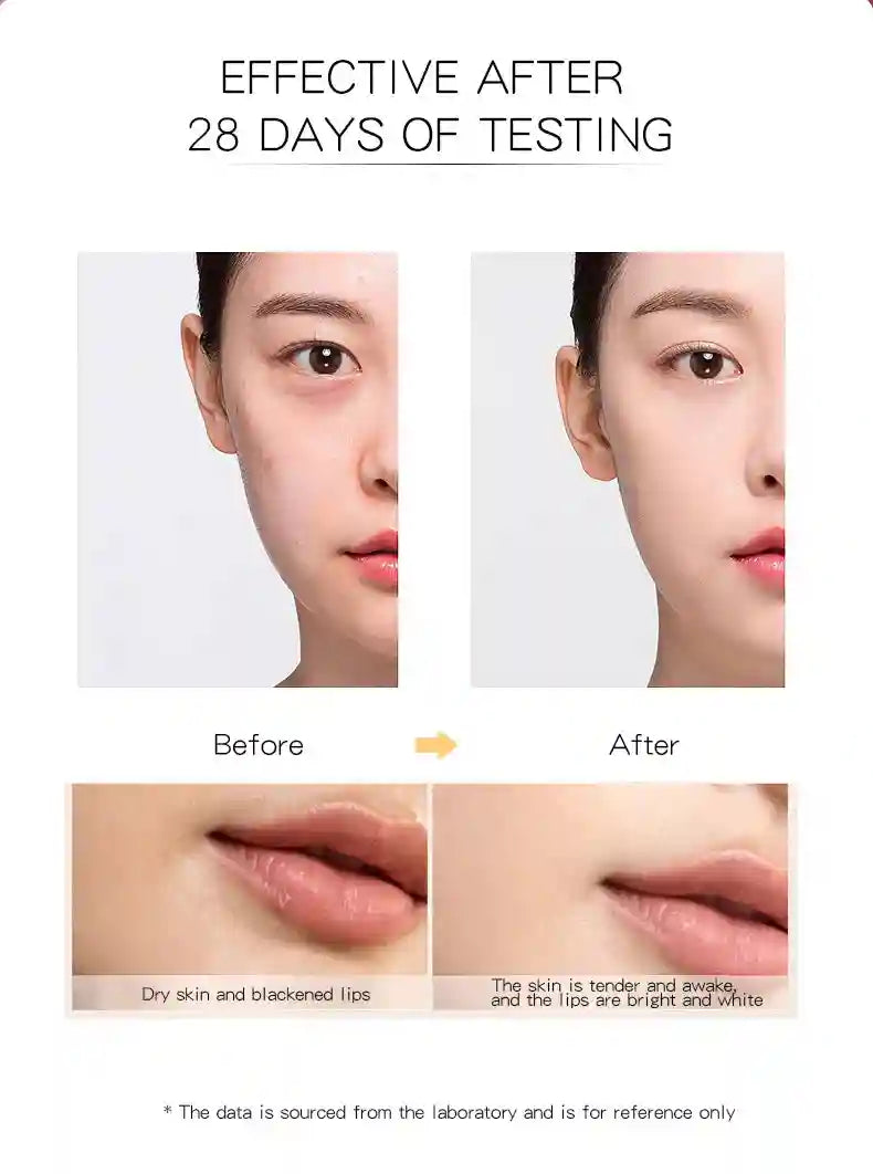 Before and after comparison showing improved skin texture and brighter lips after 28 days of testing.