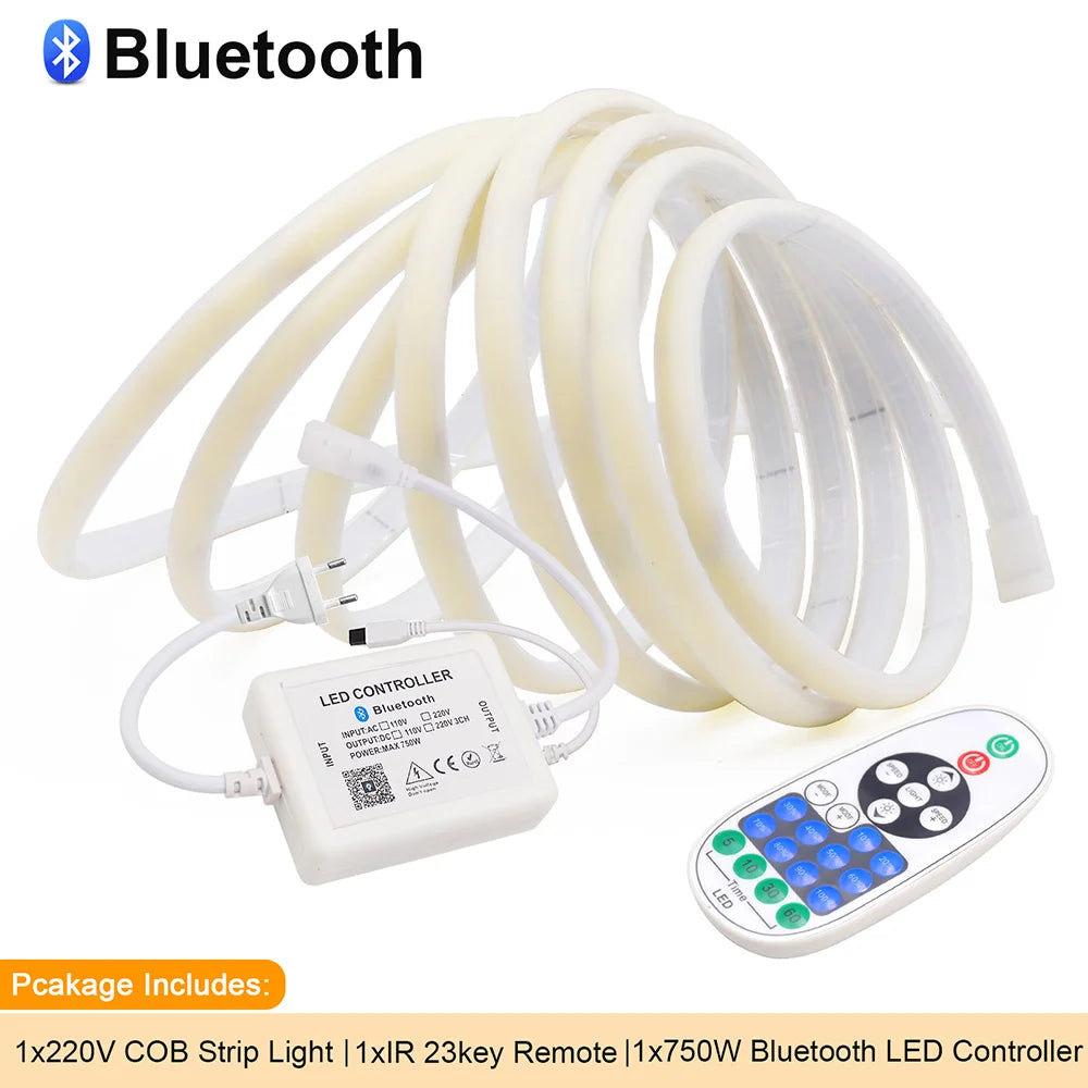 Wifi Bluetooth COB LED Neon Strip Light Wall Touch 23key Remote Control 220V Dimmer Power Kit 5m 10m 20m 0.5m 240LED/m Flex Lamp