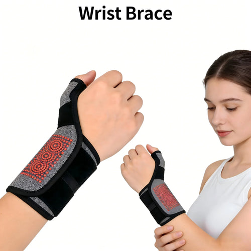 Grey and black orthopedic wrist brace with red magnetic heat therapy for carpal tunnel and joint pain relief.