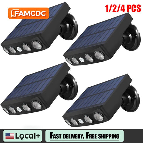 Set of solar motion sensor wall lights with white LEDs, black housings, and solar panels