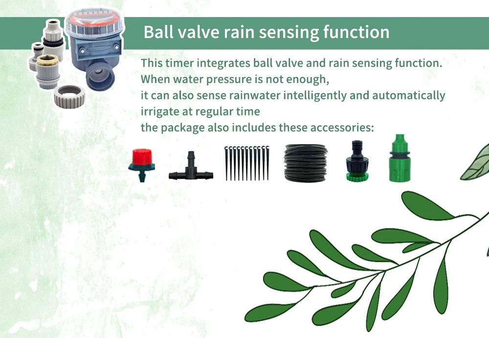 Rain-sensing ball valve timer with connectors, tubing, and nozzle accessories