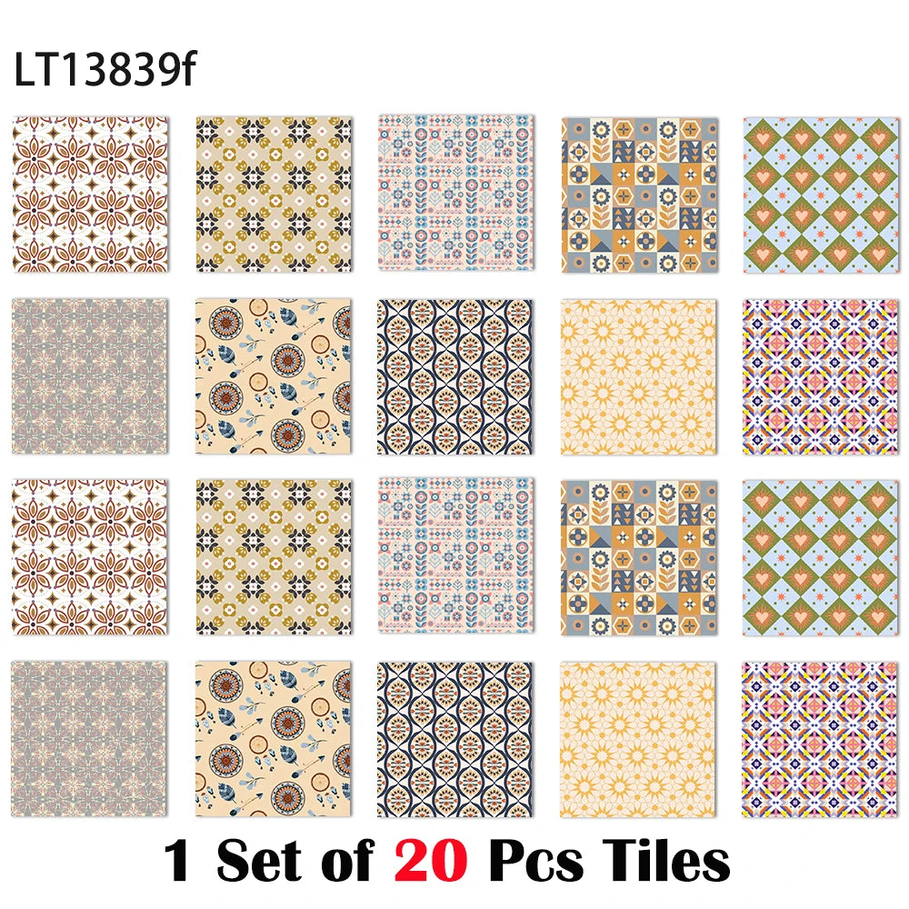 Glossy boho tile stickers set of 20, beige base with multicolor small geometric motifs
