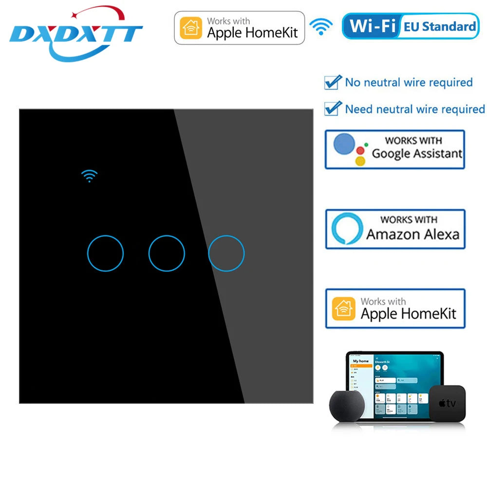 BONDA Homekit Smart Switch No Neutral EU/US WIFI Touch Sensor Light Switch Smart Google Home Alexa Siri Voice Control 220V 110V