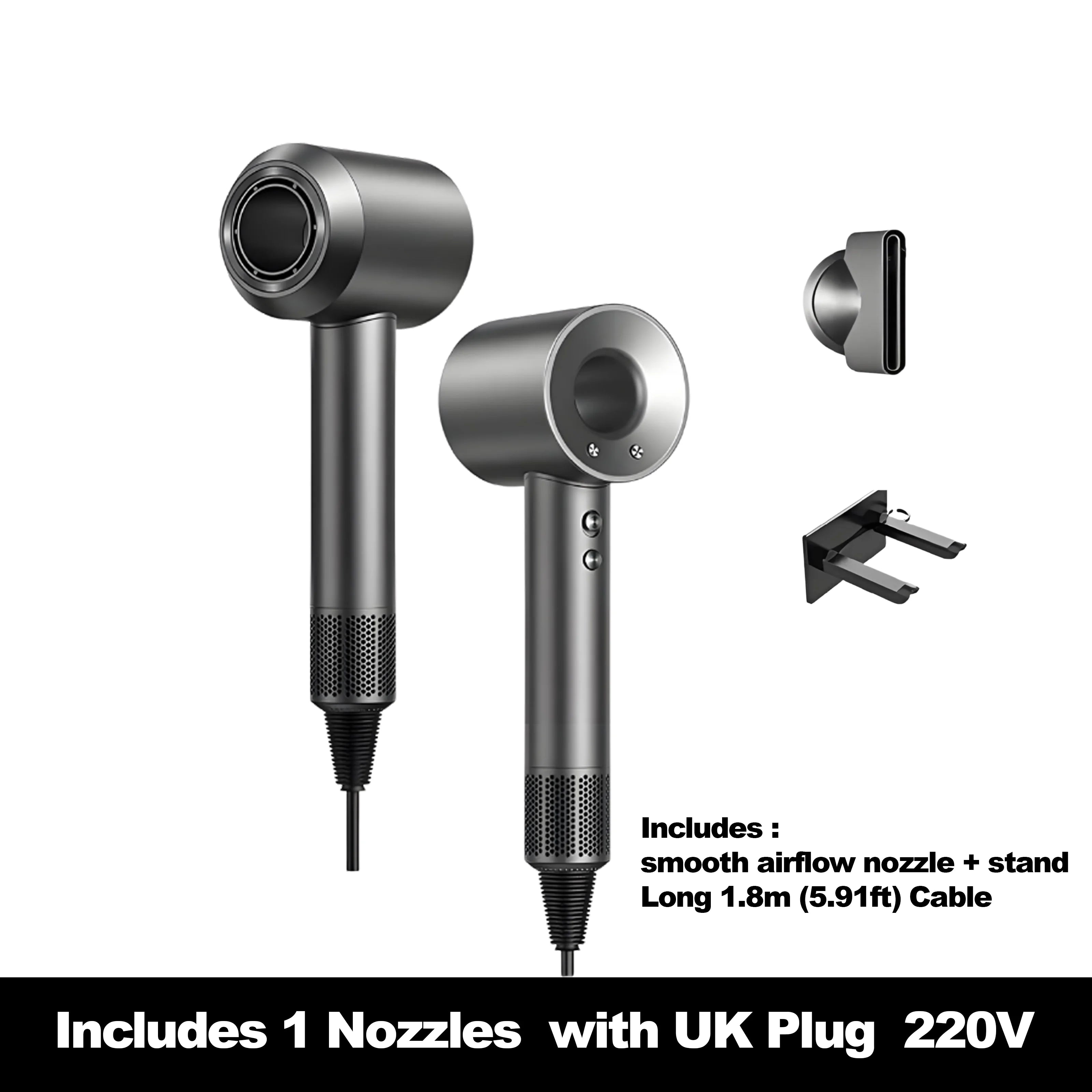 Grey high-speed ionic hair dryer with nozzle attachment and stand, featuring intelligent heat control and sleek design.