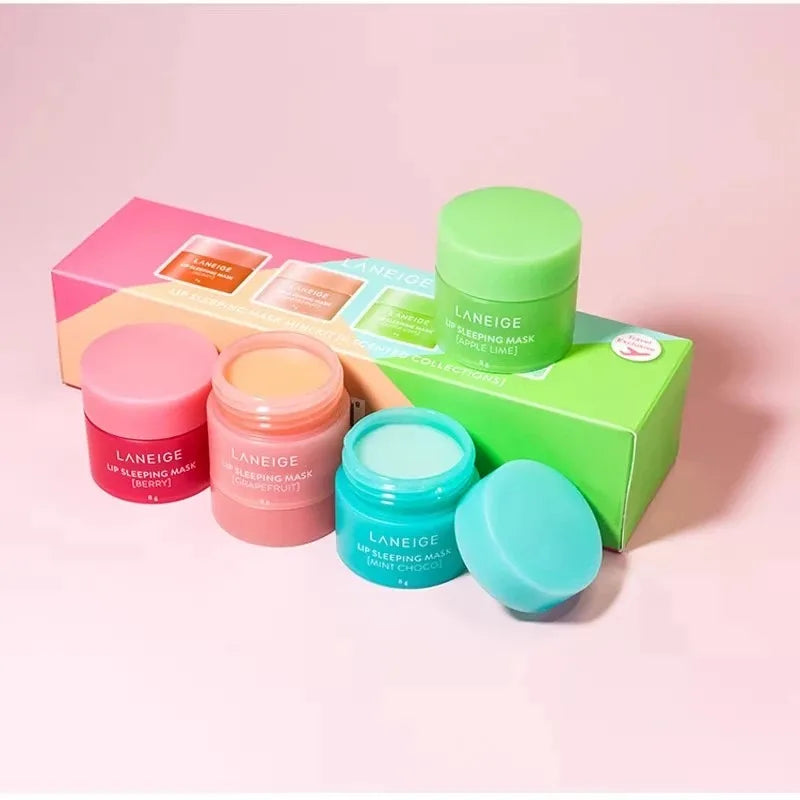 Laneige Lip Sleeping Mask set with vibrant, colorful jars for hydrating, plumping, and smoothing dry lips.