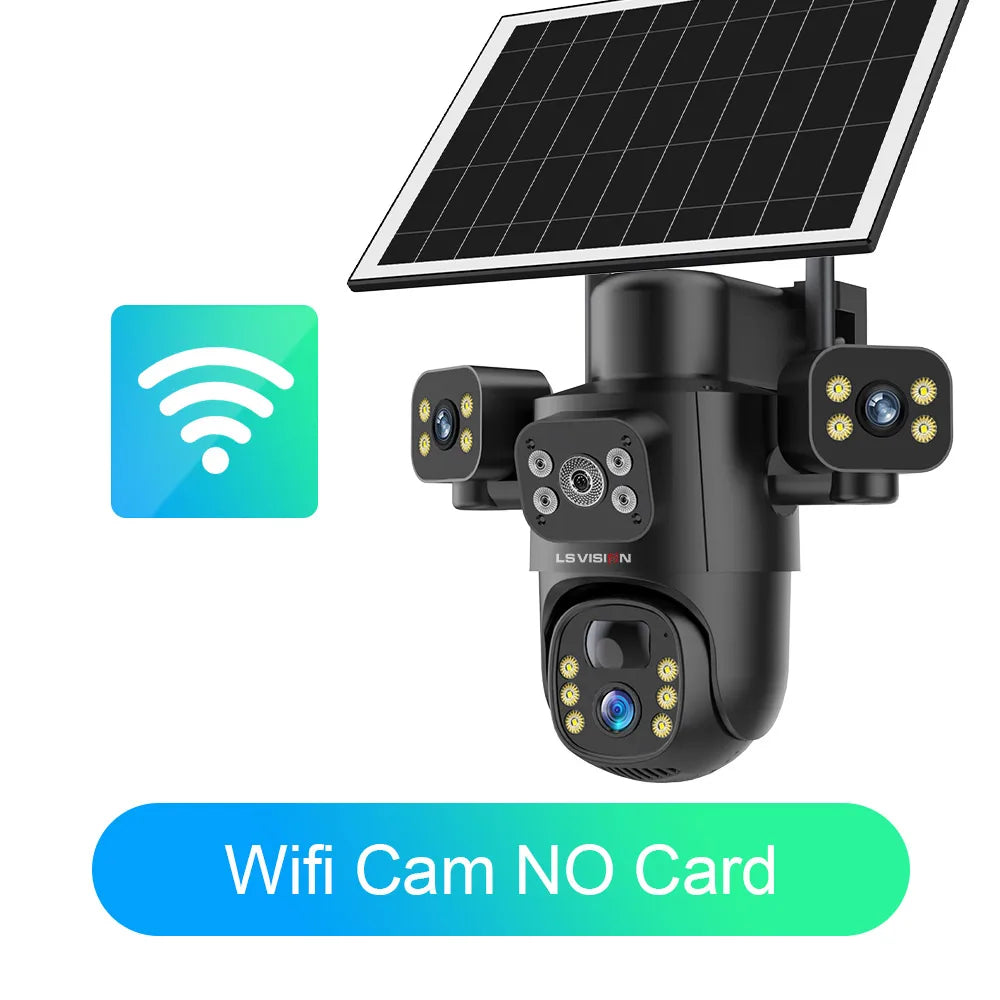 Outdoor solar security camera with solar panel, three lenses, WiFi, no SD card