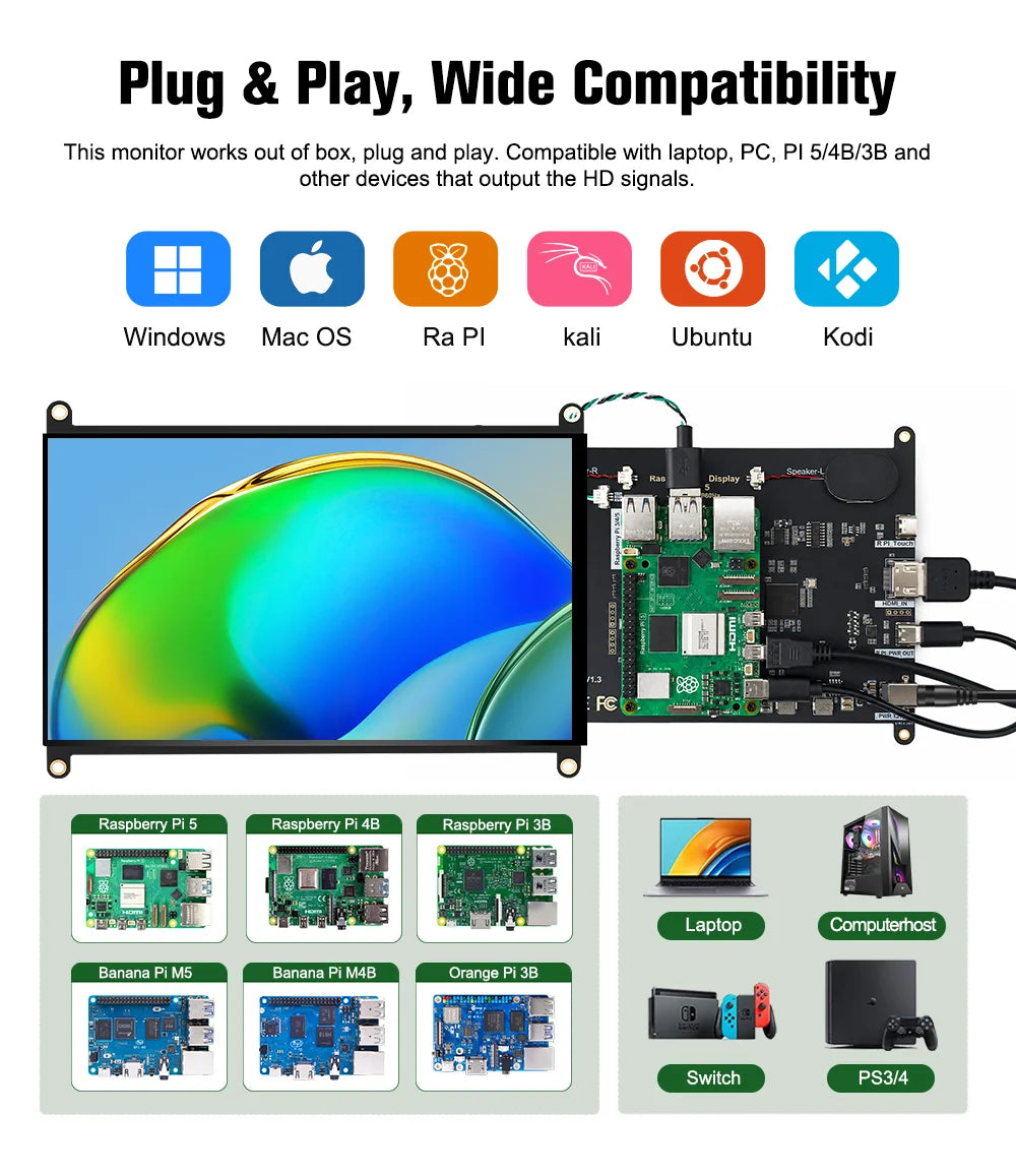 8 Inch Raspberry Pi Touch Monitor 1920×1200 IPS 10-Point Touch Screen Dual Speaker HDMI Display for Pi 5/4B/3B PC DIY Case 3D