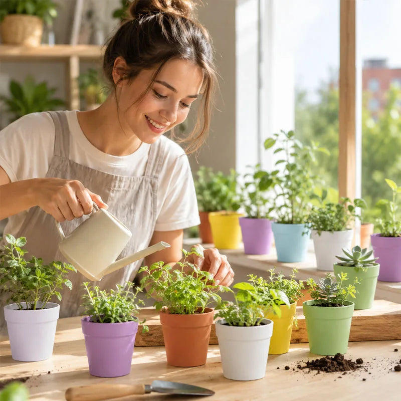 Mini round plastic flower pots filled with succulents, colorful mix on a table