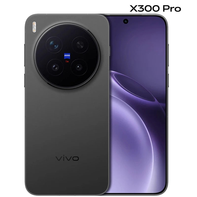 Gray Vivo X300 Pro smartphone front and back view, 200MP Zeiss camera, AMOLED display, premium mobile design.