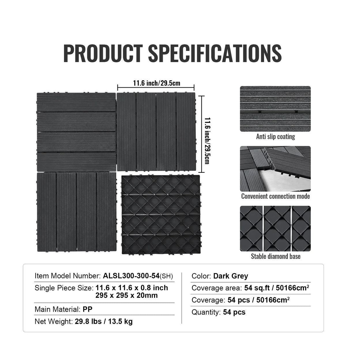 Dark grey interlocking deck tiles with anti-slip textured top and diamond stabilizing base.