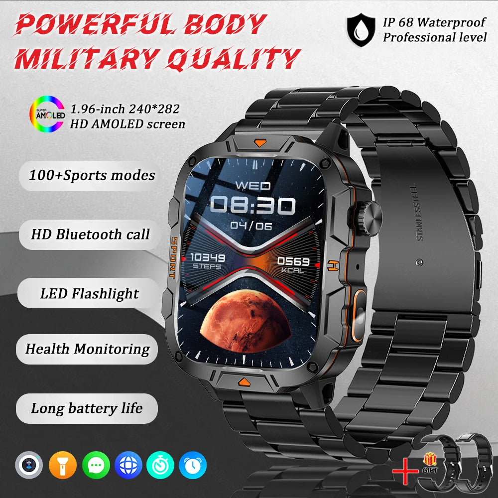 Black metal link smart watch with orange and blue fitness display