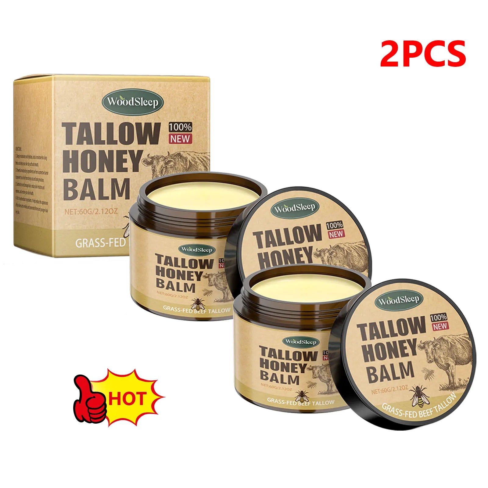 WoodSleep tallow honey balm 2-pack: box and two round balm jars
