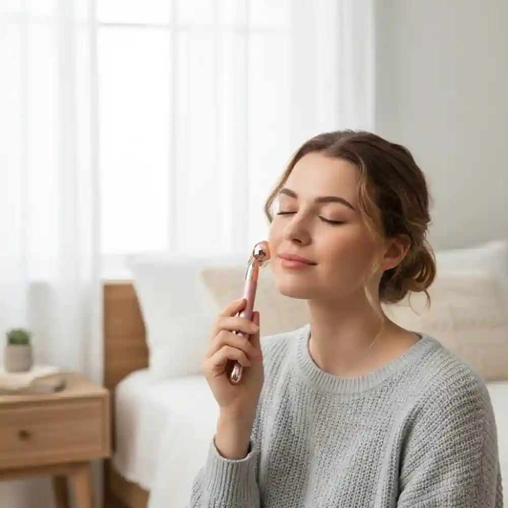 A woman using a rose gold facial roller massager on her cheek in a sunlit bedroom.