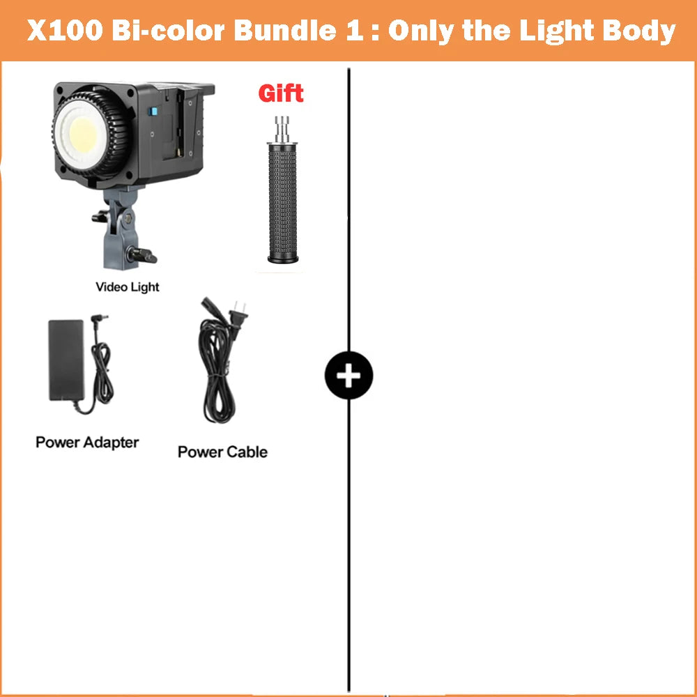 X100 bi-color video light kit including a square LED light, handheld grip, power adapter, and power cable.