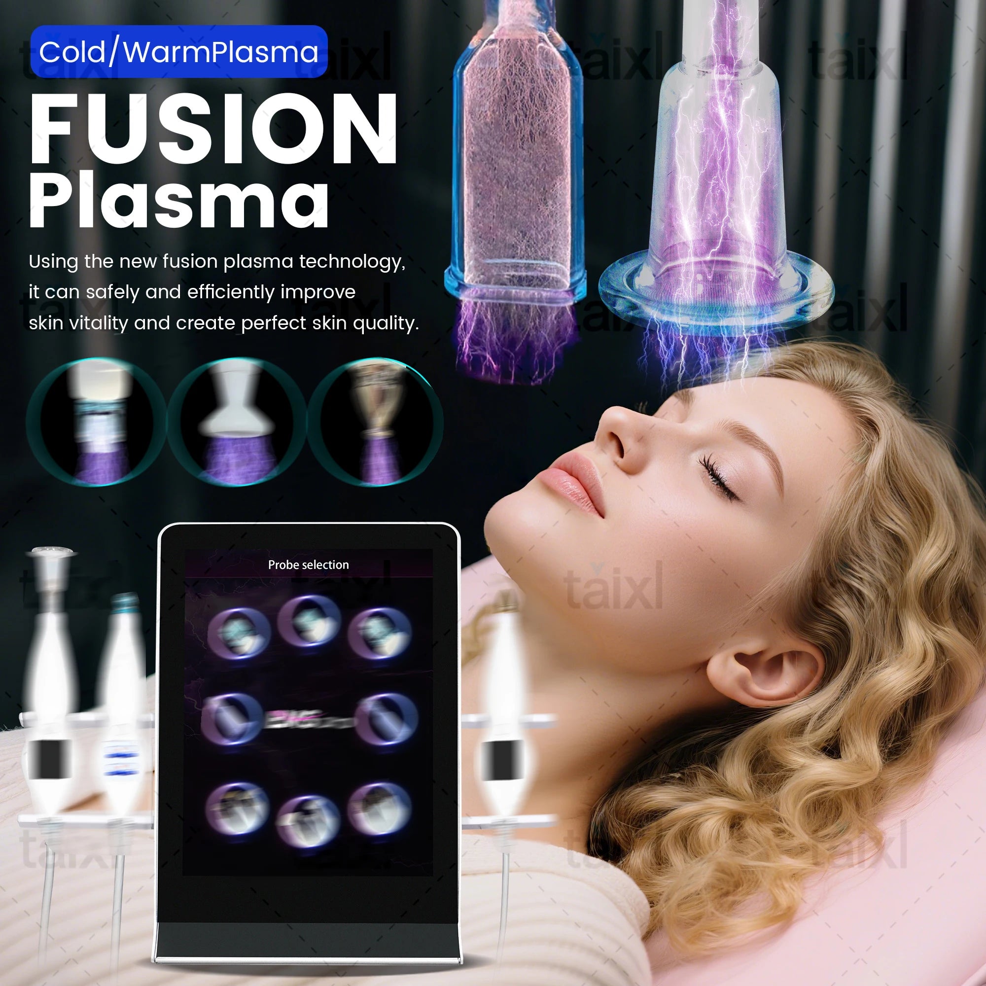 Professional ozone cold hot plasma facial device with digital touch screen and probes for anti-aging skin rejuvenation.