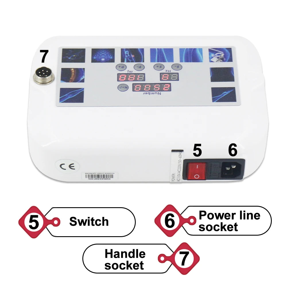 White 300mj shockwave therapy machine for pain relief with digital display, power switch, and handle socket inputs.
