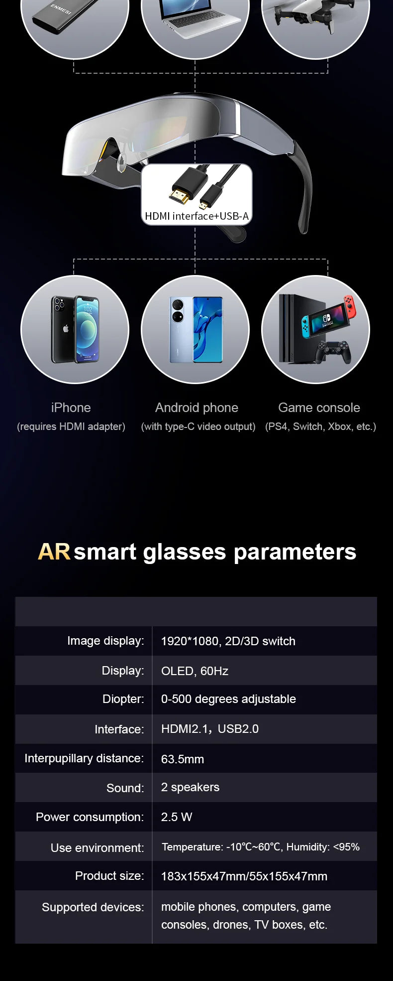 AR VR Smart Glasses | 200 Inch HD Cinema Display | Tidesmit Tidesmit