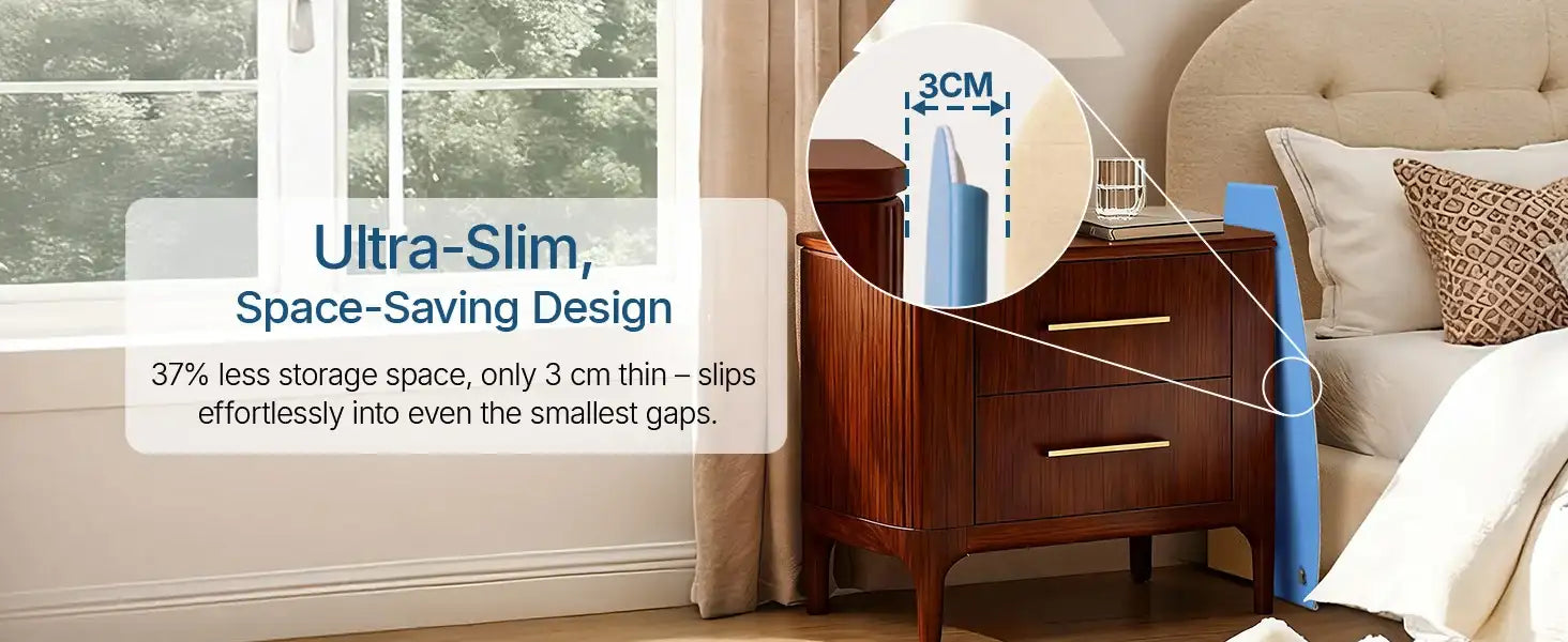 The thin, blue Hello Face L6 light therapy panel slides between a nightstand and bed, highlighting its 3cm slim design.