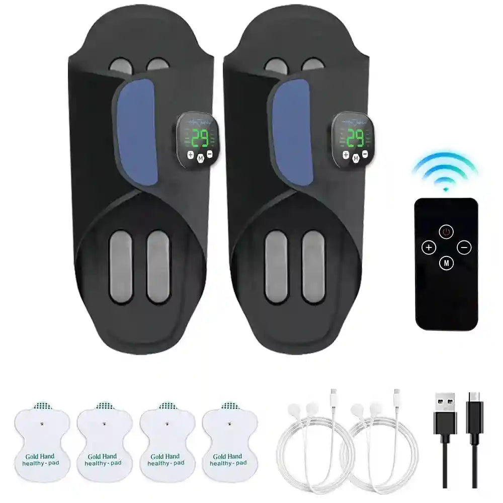 Black EMS foot massager pads with LCD controllers, remote, electrode patches, and USB charging cables for circulation.