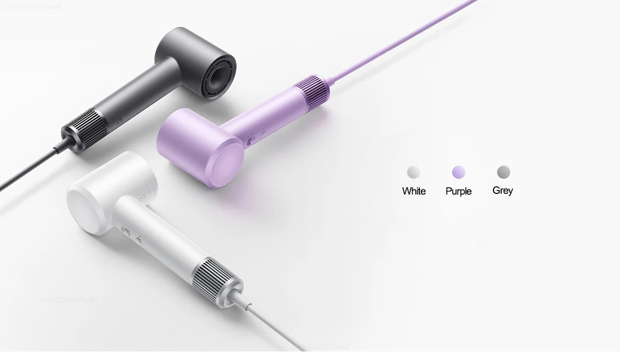 Mijia H501 high-speed hair dryers in white, purple, and grey featuring sleek, professional ionic hair care design.