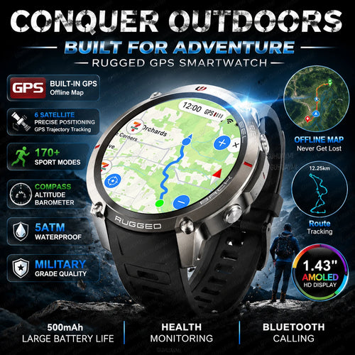 Rugged sports smartwatch with GPS offline map, black strap and round face, 1.43in display