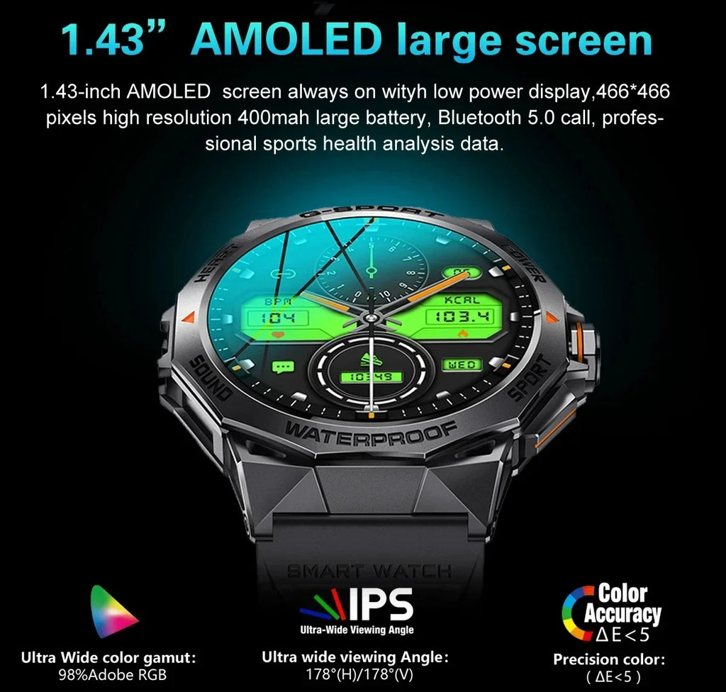 1.43inch AMOLED Screen Smartwatch Men Outdoor Sports Fitness 400mAh Large Battery Bluetooth Call Music Heart Rate Smart Bracelet