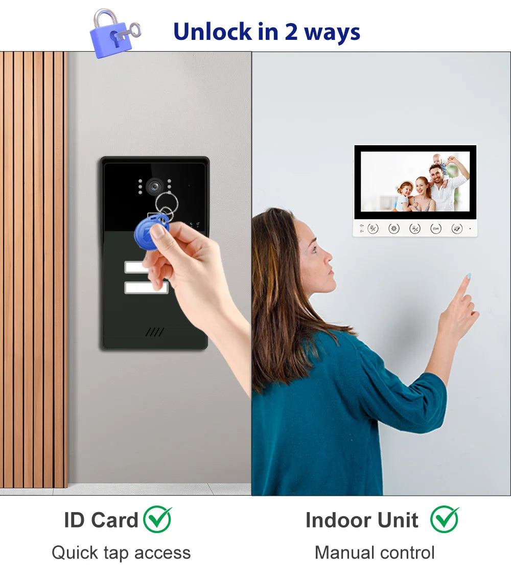 7-inch 4-line video doorbell intercom system, CVBS interface, 1-2 units, with night vision function, suitable for apartments