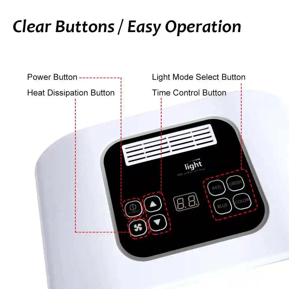 Close-up of a white LED facial device control panel with labeled power, heat, time, and light mode buttons.