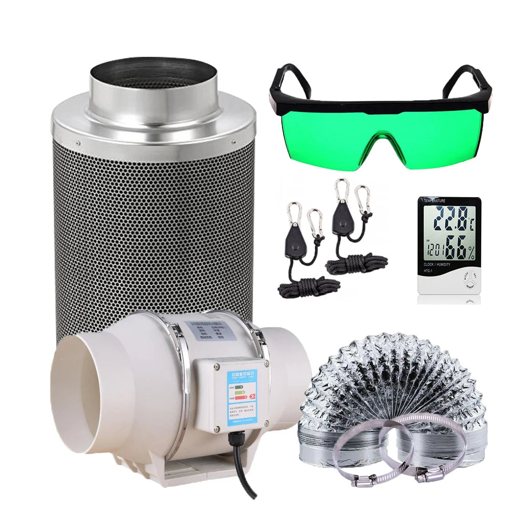 Inline fan and activated carbon filter kit with tubing, cables, and green safety glasses