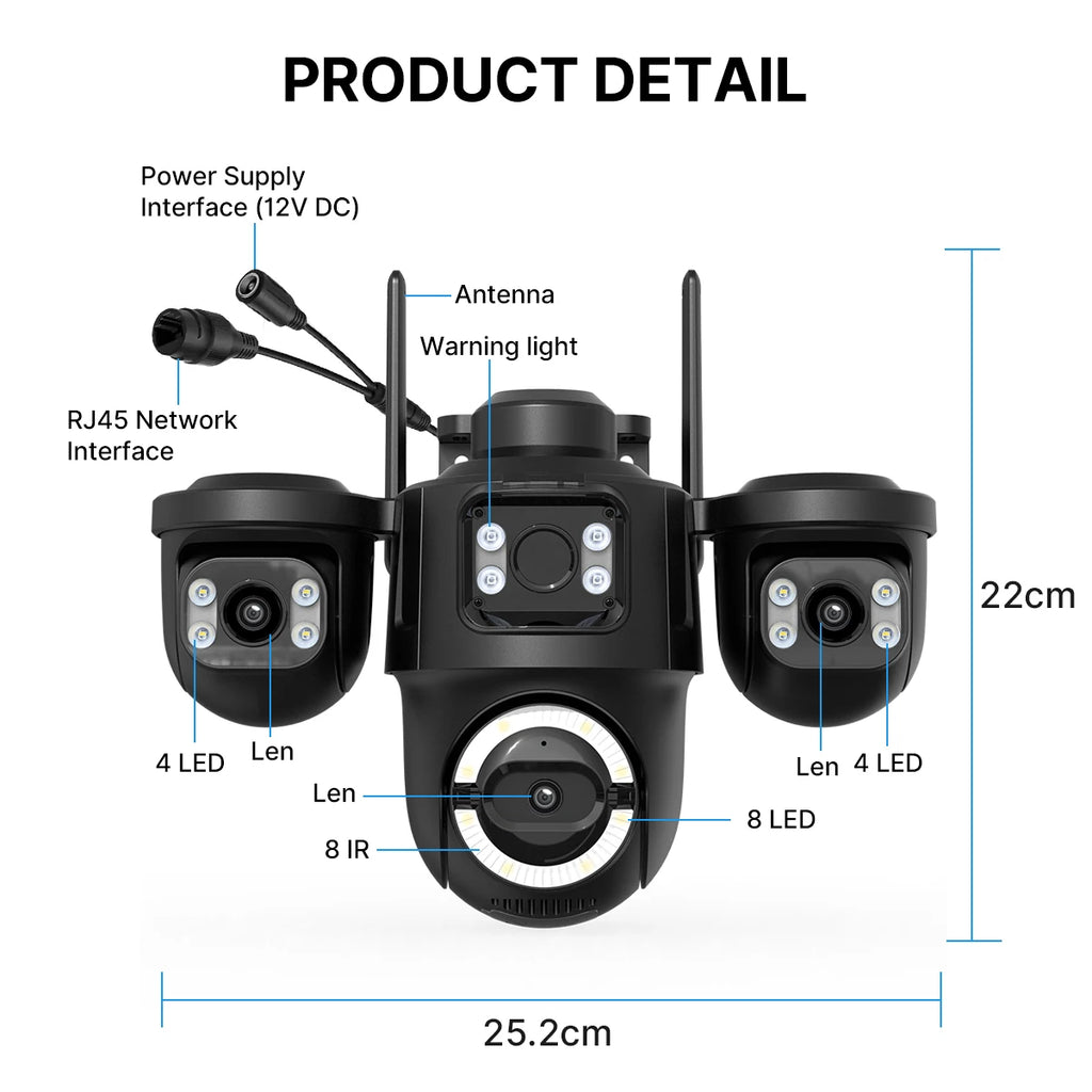 WONSDAR ICSEE WiFi IP Camera Outdoor Three Screen Home Security PTZ Camera CCTV Surveillance AI Human Detection Monitor