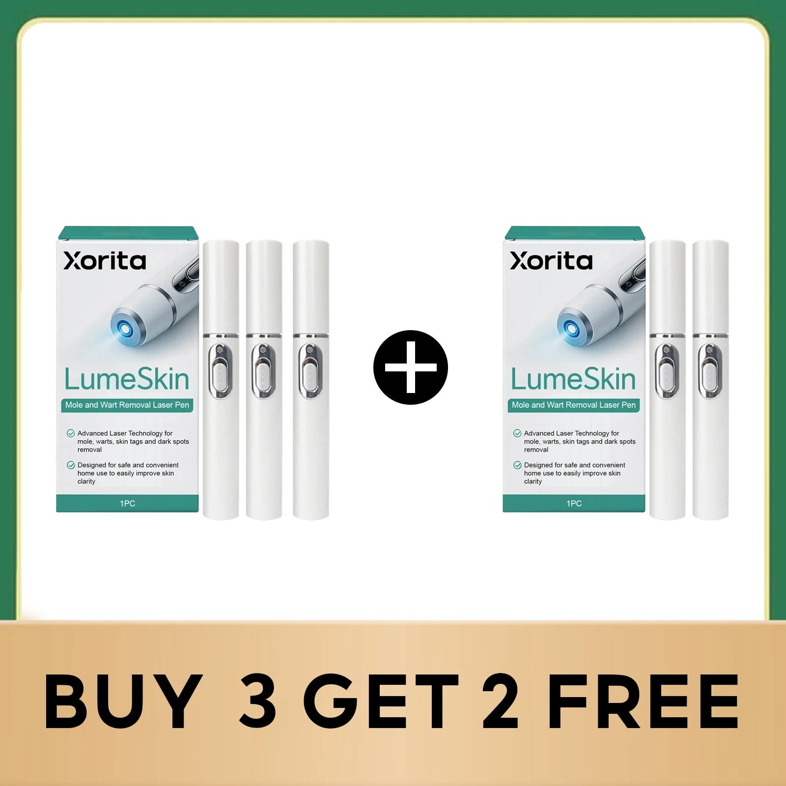 Two sets of Xorita LumeSkin white laser pens for mole and wart removal with a "Buy 3 Get 2 Free" promotion.