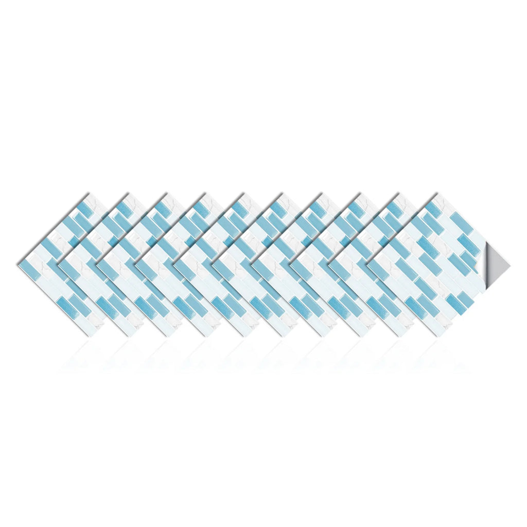 Self-adhesive 3D mosaic tile sticker sheets with light blue brick tile pattern.