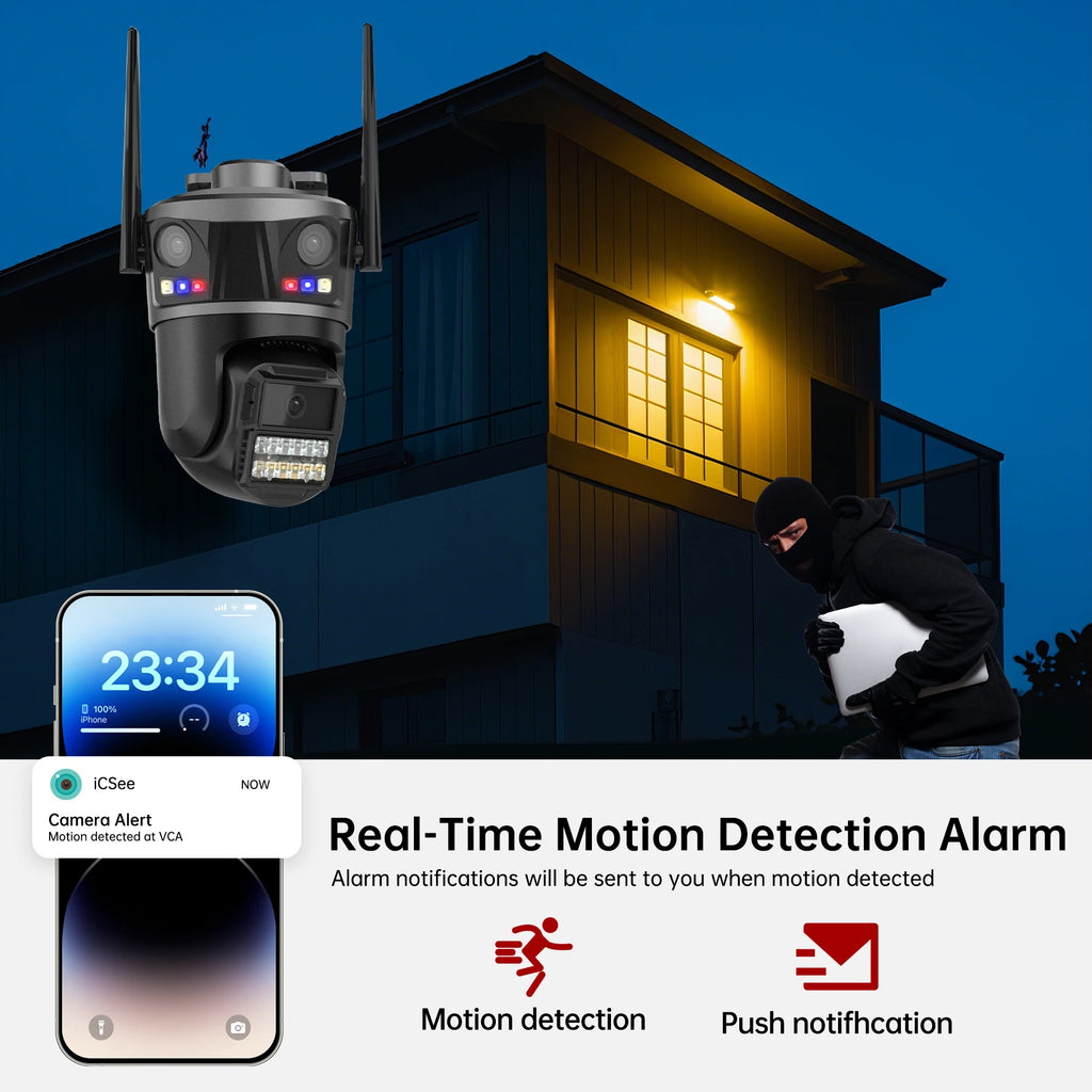 Three Lens Outdoor 6K HD WIFI IP Camera Three Screen PTZ Camera AI Human Detection IP66 Waterproof CCTV Video Surveillance ICsee