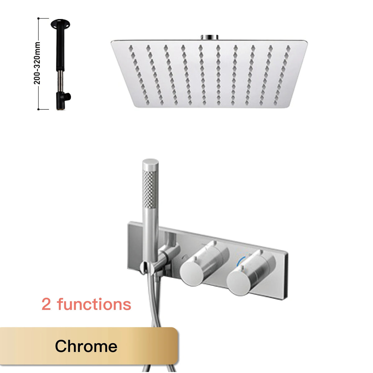 Chrome thermostatic 2-function ceiling shower set with square rain head and wall mixer