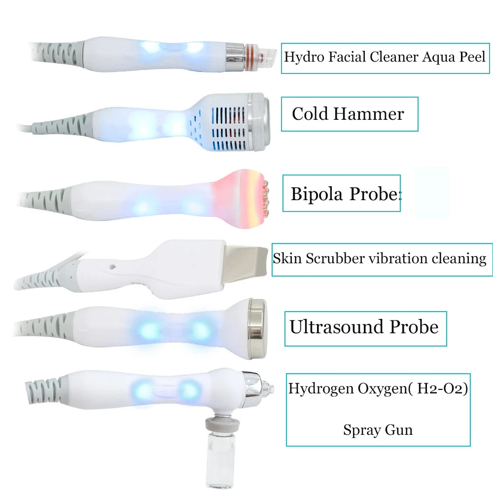 AOKO 6-in-1 facial machine probes for hydro dermabrasion, cold hammer, skin scrubber, ultrasound, and H2-O2 spray gun.