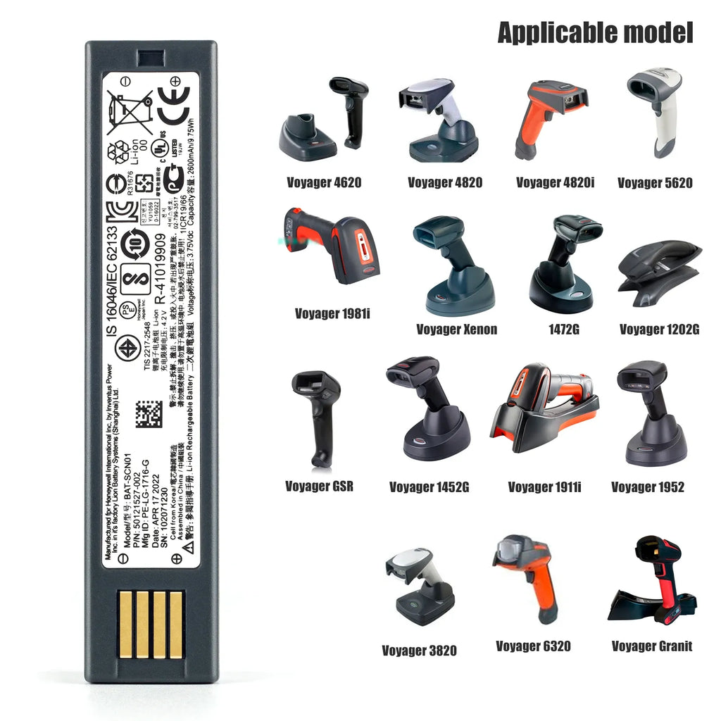 Lithium-ion barcode scanner battery pack with black casing and gold charging contacts