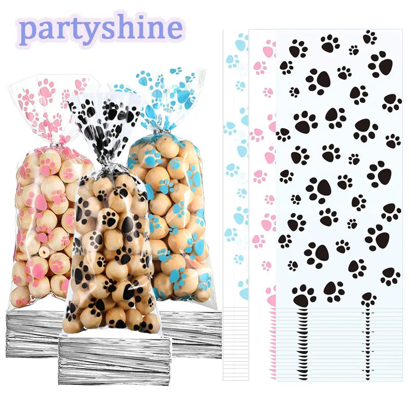 Clear cellophane paw print treat bags for pet birthday party favors, heat-sealable for cat and dog theme snacks.