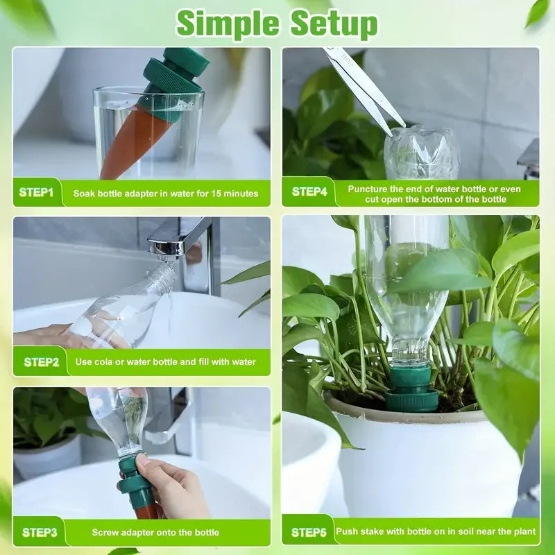 Automatic drip irrigation stake setup with bottle adapter and green connector for slow flow