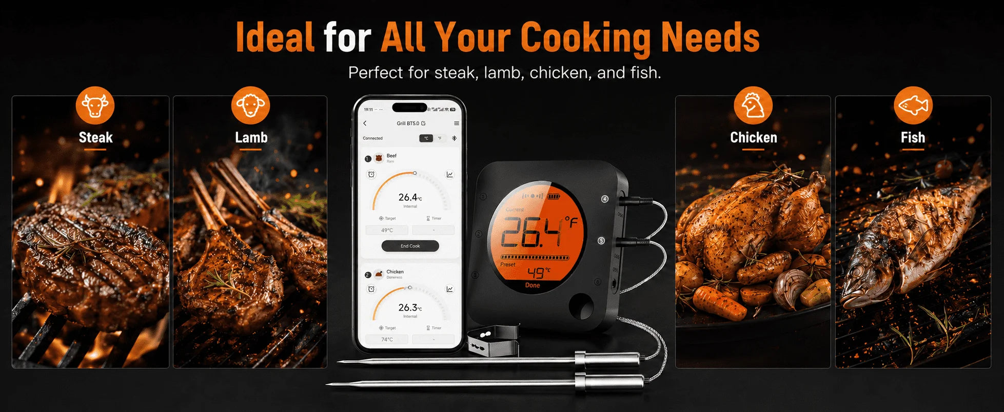 Bluetooth Meat Thermometer Digital BBQ Kitchen Thermometer Support 6 Probe for Smoker Cooking Grill Oven Candy